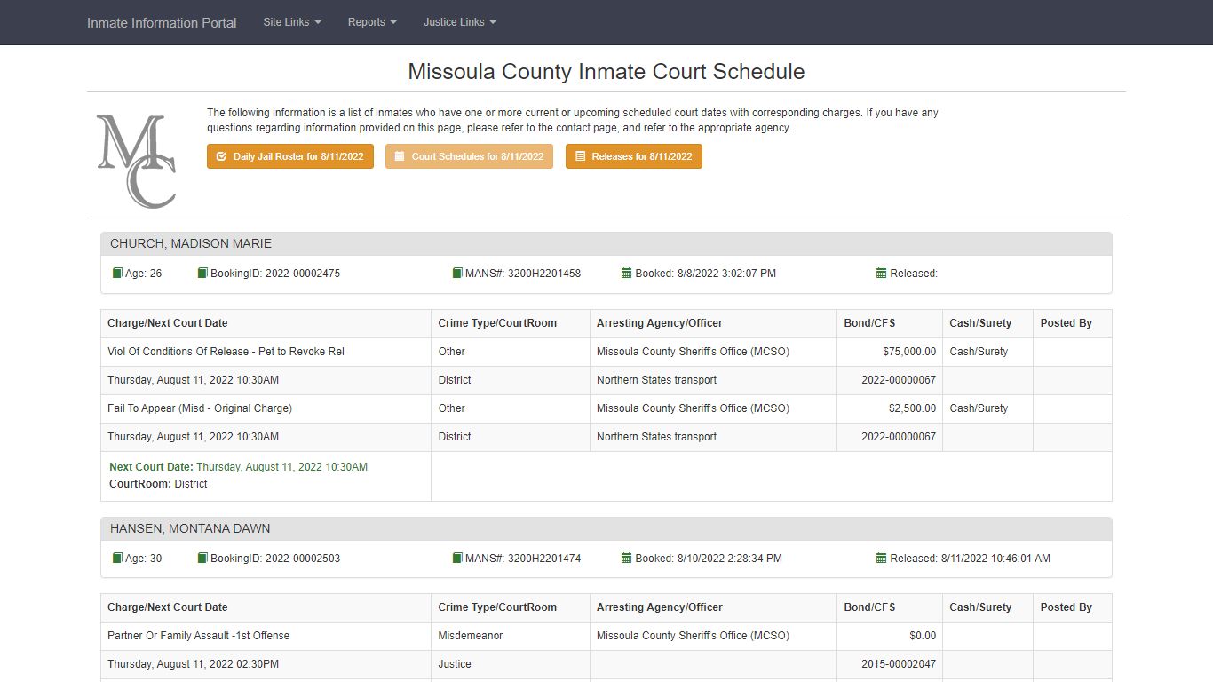 Missoula County Inmate Court Schedule - Missoula County ...